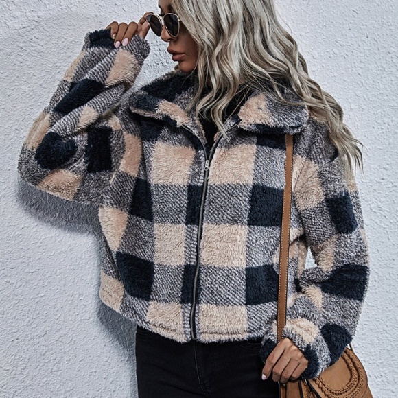 Cozy plaid zipper teddy jacket coat Shacket - Picture 2 of 7